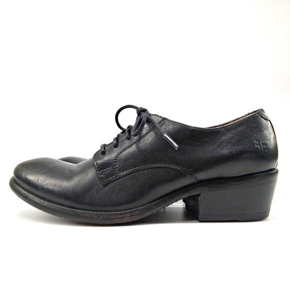 Frye Carson Oxford Black Leather Lace Up Low Stacked Heel Almond Toe SZ 7 - Picture 5 of 12
